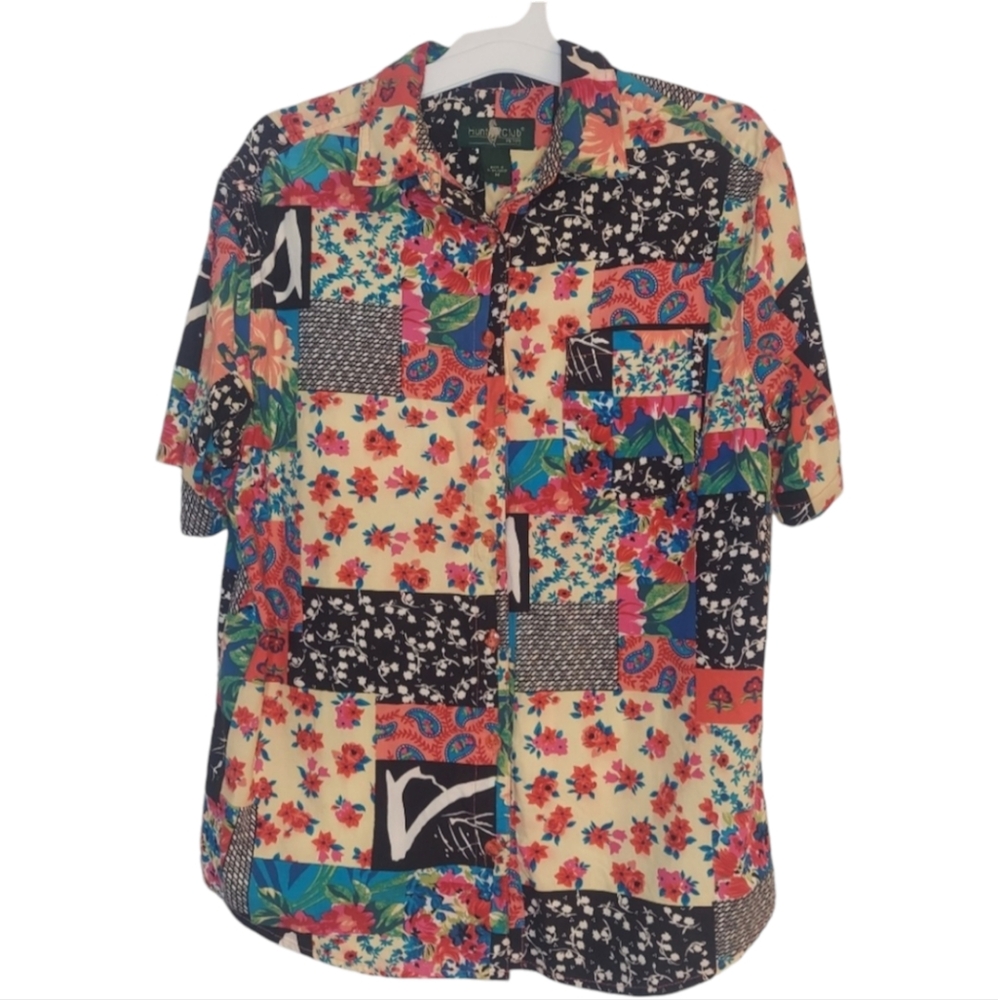 Vintage Hunt Club Patchwork Pattern Short Sleeves Button Down VGUC Size …